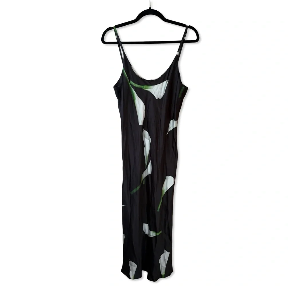 Lunya Washable Silk Bias Slip Dress midi Lily black green floral Revolve NWT S - Picture 5 of 11